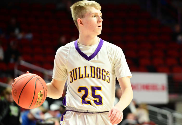 Lake Mills' Jackson Gaul dribbles the ball down the court against North Union during a Class 1A state tournament quarterfinal game at Wells Fargo Arena in Des Moines on Monday. (Photo by Ryan Timmerman)